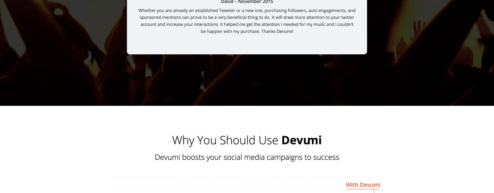 Devumi, Best Converting Homepage (Cir. 2018)